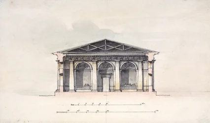 Vista da seção transversal dos estábulos de equitação em Tsarskoye Selo, 1792 (caneta e tinta no papel)